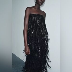 Zara Limited Edition SEQUIN FRINGE Black Midi DRESS sz.XS
